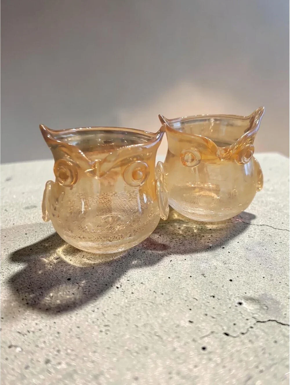 Set of 2 Amber Iridescent Crackle Glass Owl Votive Tealight Holders Pier